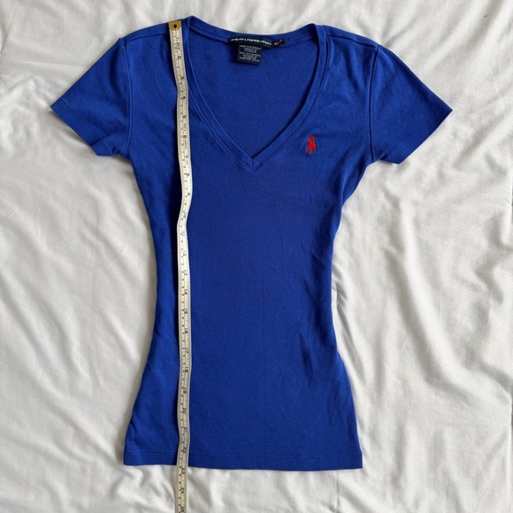 Ralph Lauren Women's V-Neck Polo Tee in Cobalt Blue with Red Logo - Picture 5 of 8